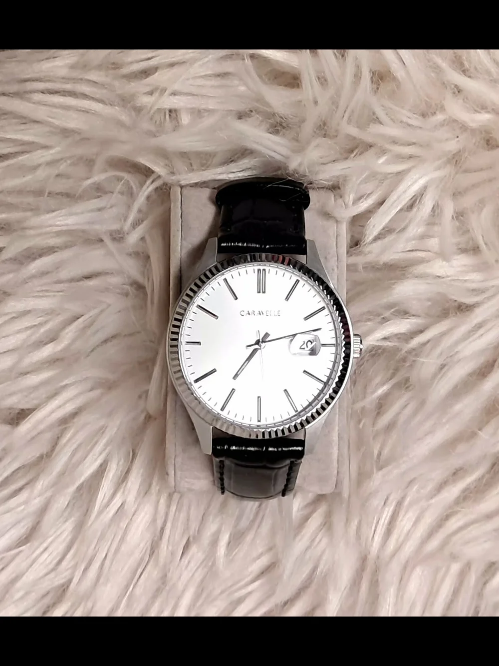 Caravelle By Bulova Silver Dial Watch with Black Leather Strap